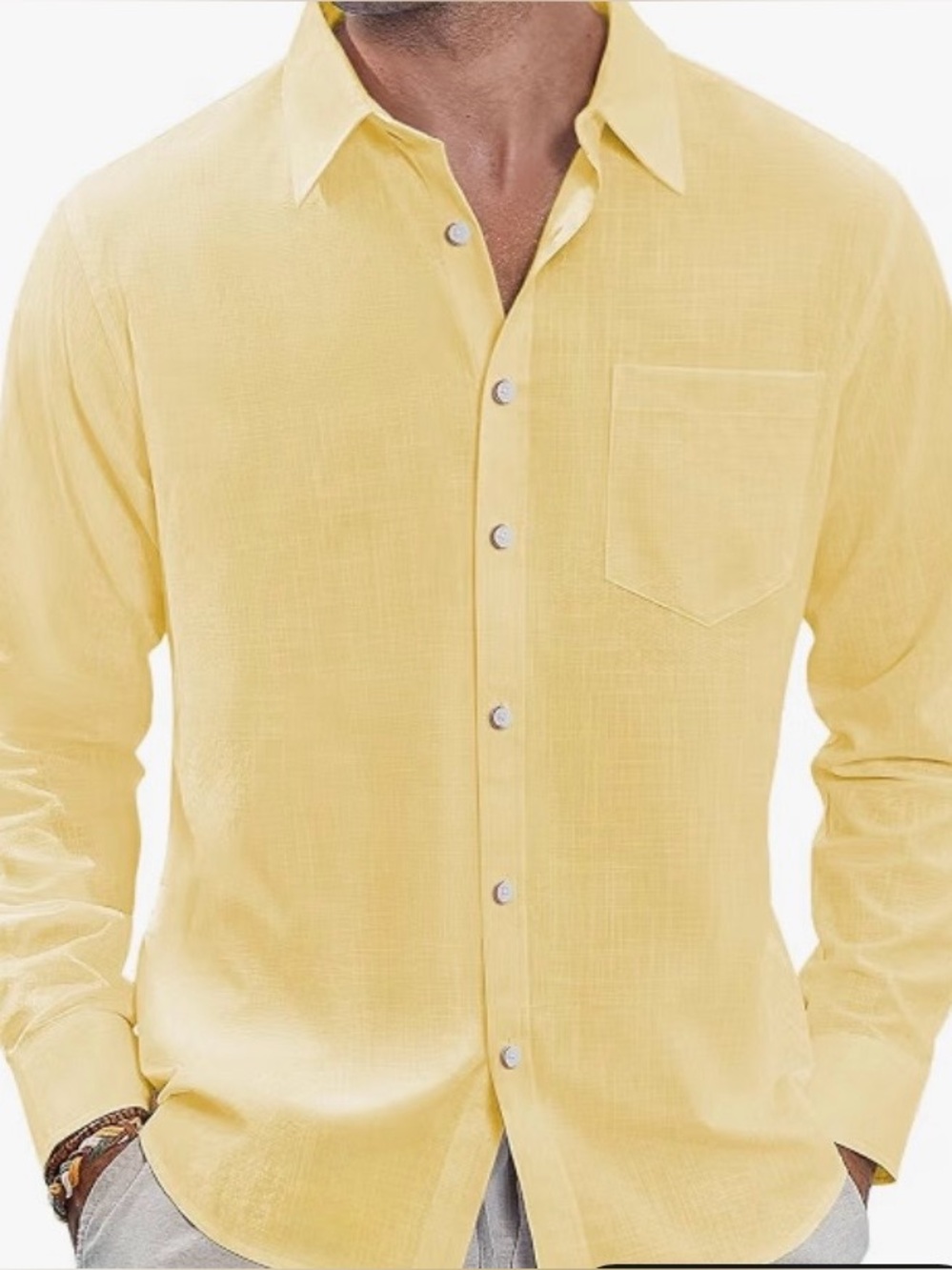 Men’s Medium Lemon Yellow Linen Shirt Long Sleeve Italian Design
